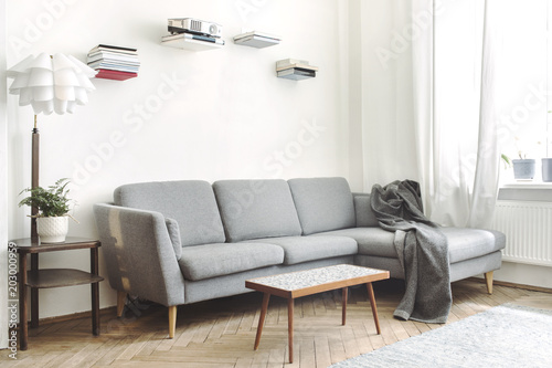 Modern interior of living room with small design table  stylish sofa and lamp. White walls with shelves from books and mock up frame. Brown wooden parquet.