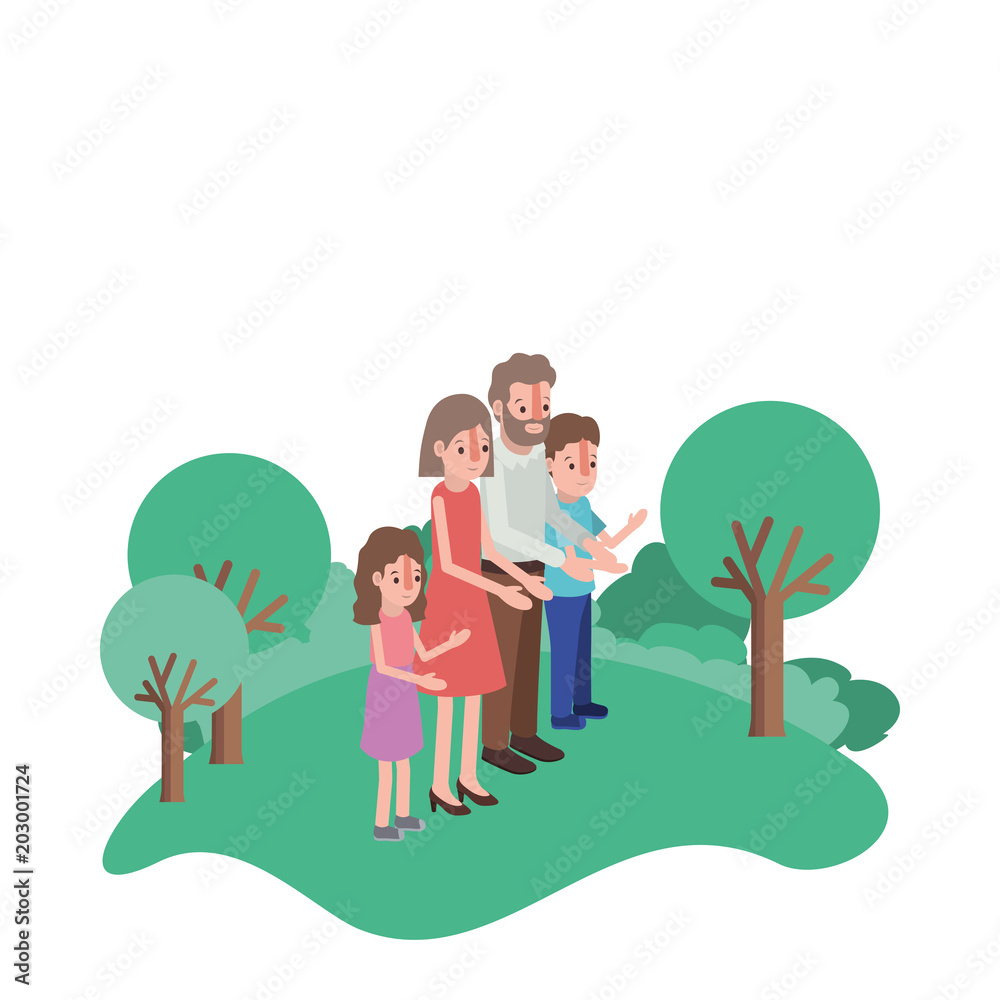 parents couple with son and daughter in field landscape vector illustration parents couple with son and daughter in field landscape vector illustration