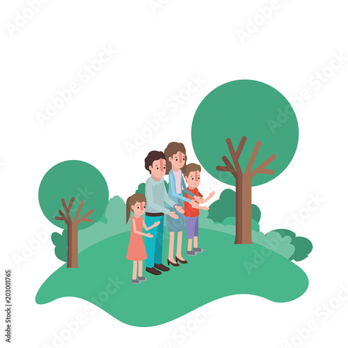 parents couple with son and daughter in field landscape vector illustration
