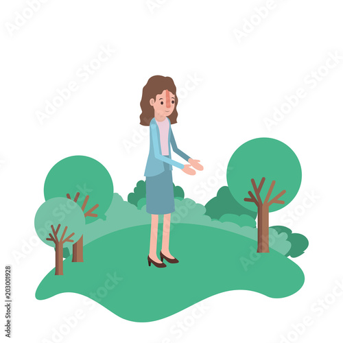 isometric woman in field landscape avatar character vector illustration design