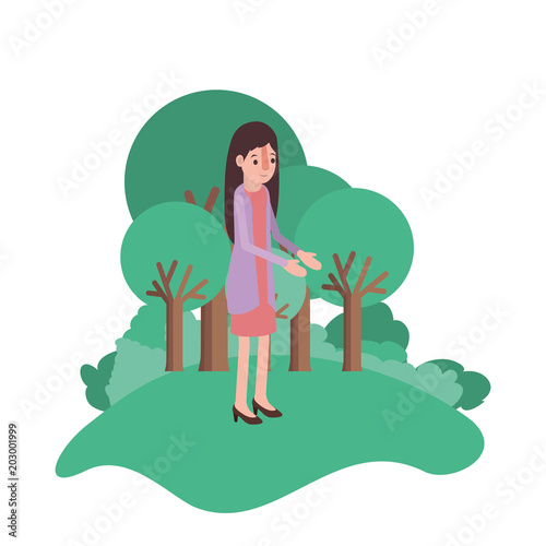 isometric woman in field landscape avatar character vector illustration design