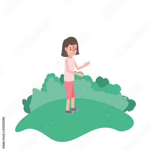 isometric woman in field landscape avatar character vector illustration design