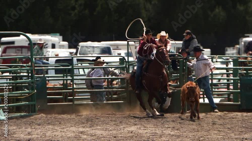 Ultra-slow motion shot of a cowgirl roping a calf at a rodeo photo