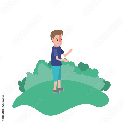 isometric little boy in field landscape character vector illustration design