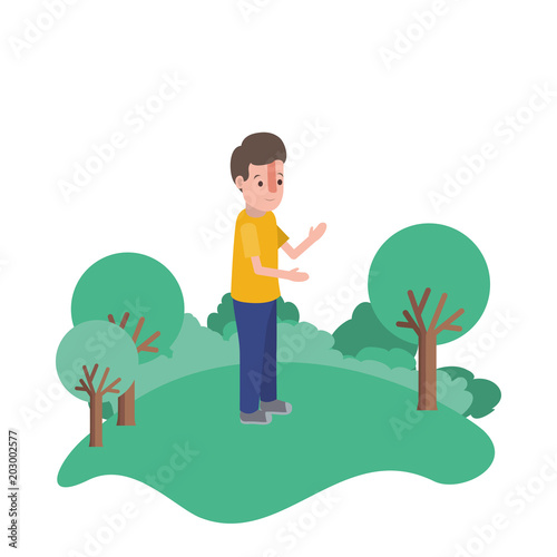 isometric little boy in field landscape character vector illustration design