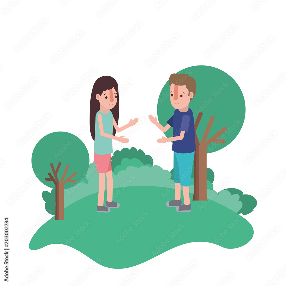isometric little kids couple in field landscape character vector illustration isometric little kids couple in field landscape character vector illustration