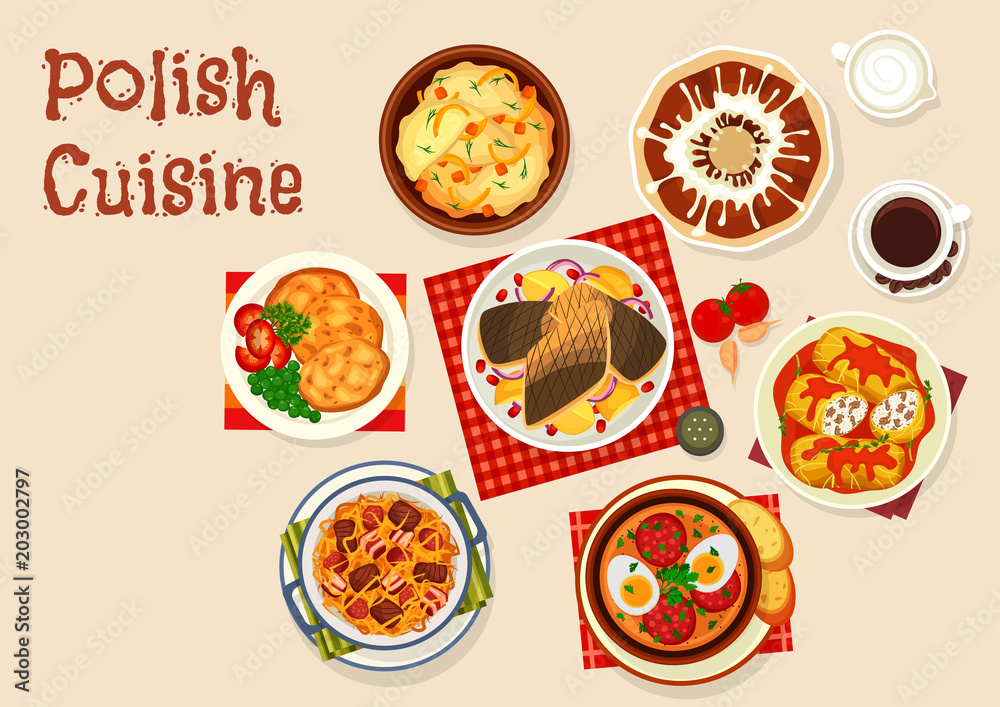Polish cuisine icon with meat and vegetable dish Polish cuisine icon with meat and vegetable dish