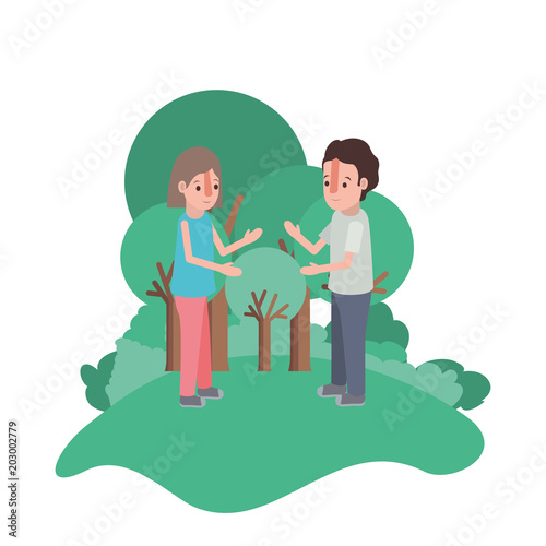 couple isometrics in field landscape avatars characters vector illustration