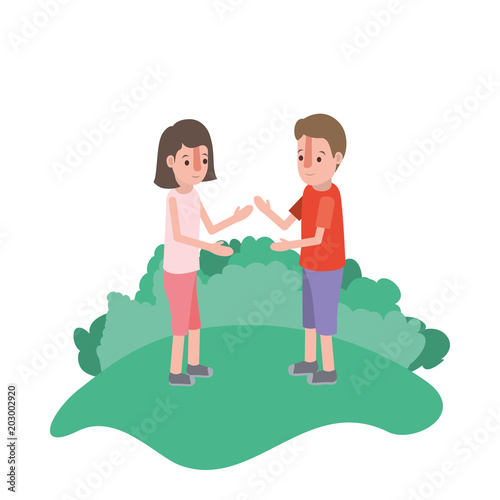 couple isometrics in field landscape avatars characters vector illustration