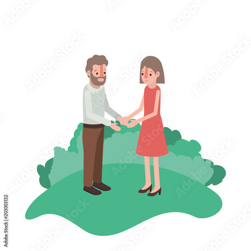 couple isometrics in field landscape avatars characters vector illustration