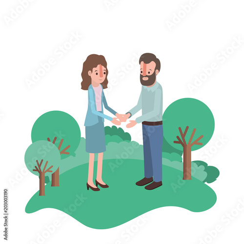 couple isometrics in field landscape avatars characters vector illustration