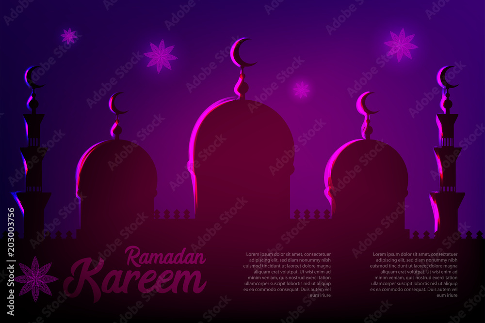 Ramadan Kareem neon sparkle greeting card. Muslim islamic eid mubarak celebration. Holy arabic religiondesign. Vector illustration. Shiny night poster transparent effect.