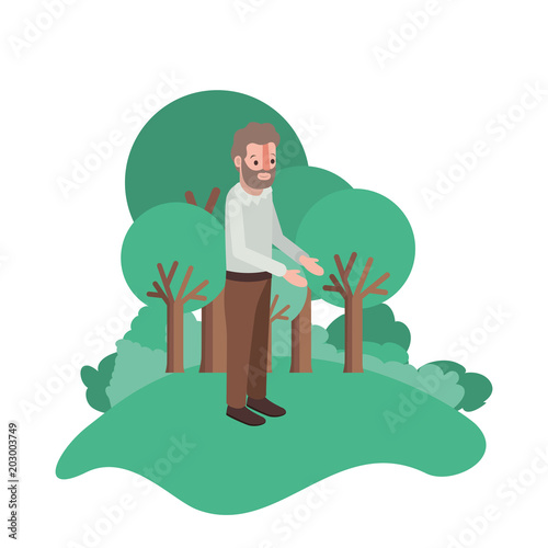 isometric man with beard in field landscape avatar character vector illustration