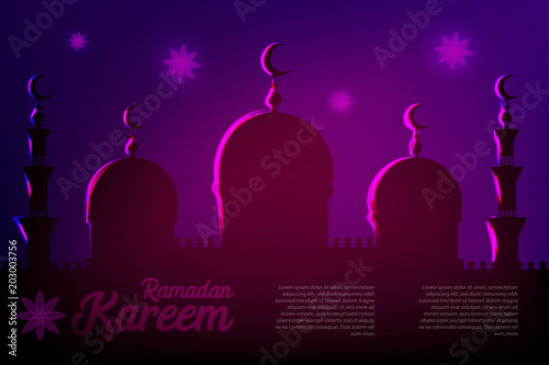 Ramadan Kareem neon sparkle greeting card. Muslim islamic eid mubarak celebration. Holy arabic religiondesign. Vector illustration. Shiny night poster transparent effect.