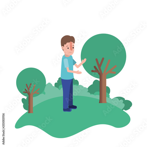 isometric man in field landscape avatar character vector illustration design