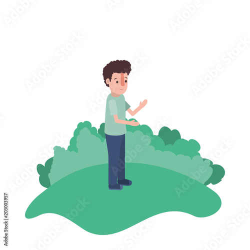 isometric man in field landscape avatar character vector illustration design