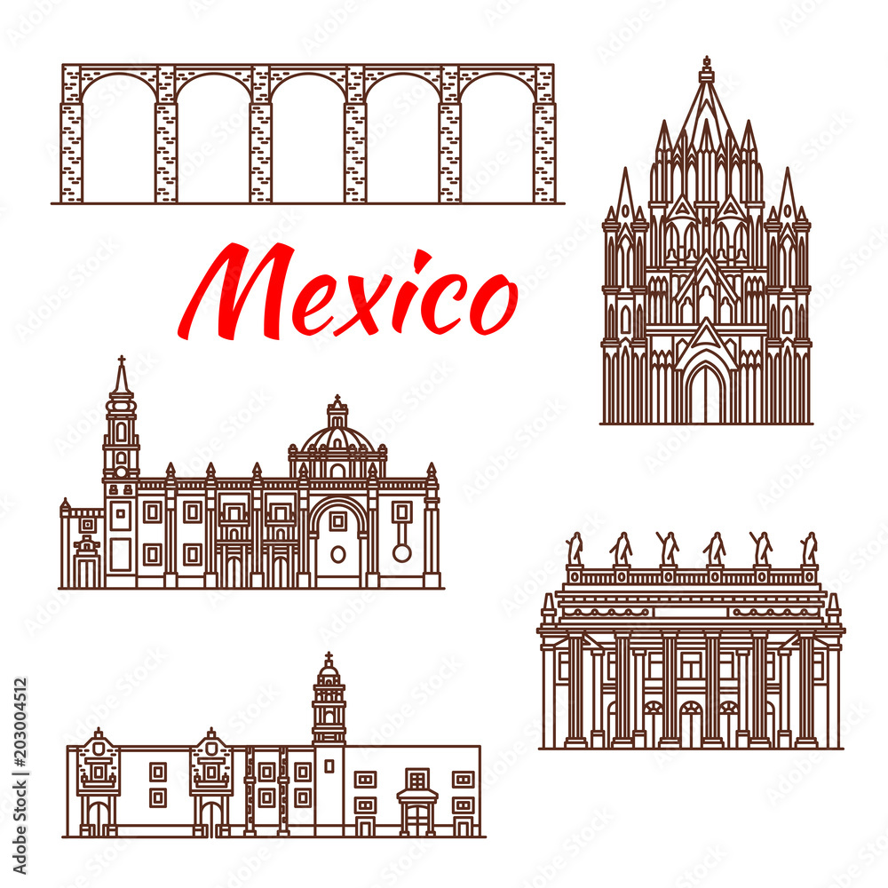 Mexican architecture travel landmark linear icon