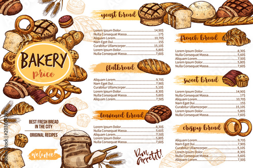 Bakery menu template of bread for cafe and pastry