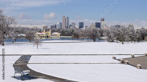 Denver Skyline Winter Snow Ultra Wide Shot Time Lapse