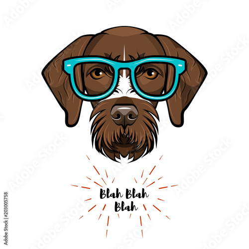 German short haired pointer nerd. Smart glasses. Dog geek. Clever dog portrait. Vector.