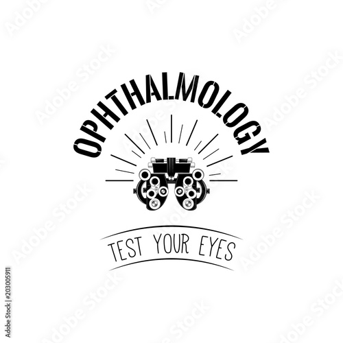 Phoropter, ophthalmic testing device machine icon. Test your eyes text. Ophthalmology label logo. Vector.