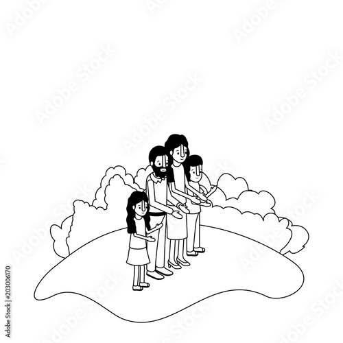 parents couple with son and daughter in field landscape vector illustration