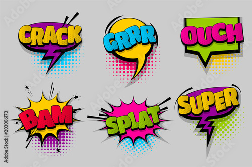 ouch super bam splat  pop set hand drawn pictures effects template comics speech bubble halftone dot background pop art style. Comic dialog cloud. Idea conversation sketch explosion.