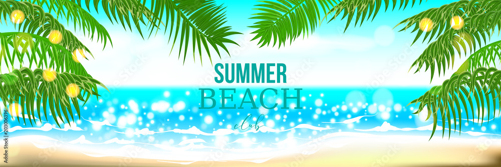 Fototapeta premium Beach club horizontal summer time palm tree banner. Palm leaf seashore sand. Ocean poster sunny tropical vector illustration. Hawaii landscape paradise. Colored party invitation.
