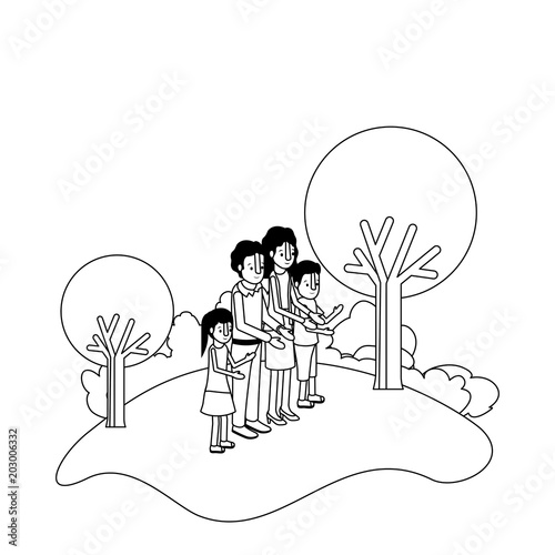 parents couple with son and daughter in field landscape vector illustration