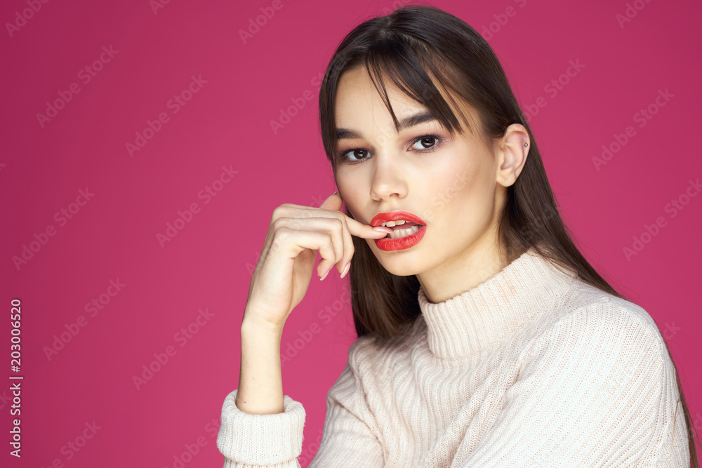 woman on bright background pink makeup