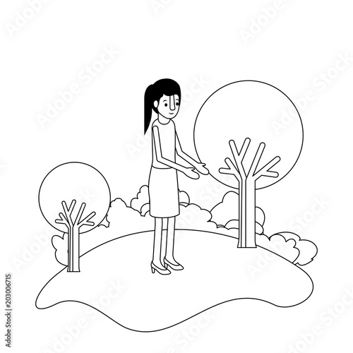 isometric woman in field landscape avatar character vector illustration design