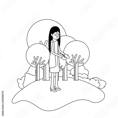 isometric woman in field landscape avatar character vector illustration design