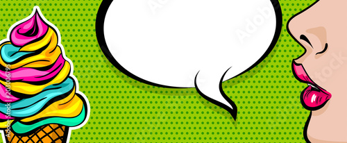 Sweet colored poster empty  speech bubble design. Summer kitsch dessert party advertise. Profile face beautiful woman pop art style. Wow shocked face vintage girl ice cream cone.