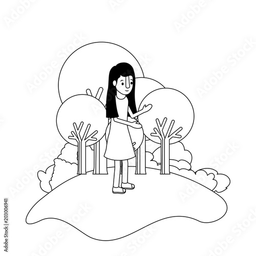 isometric little girl in field landscape character vector illustration design