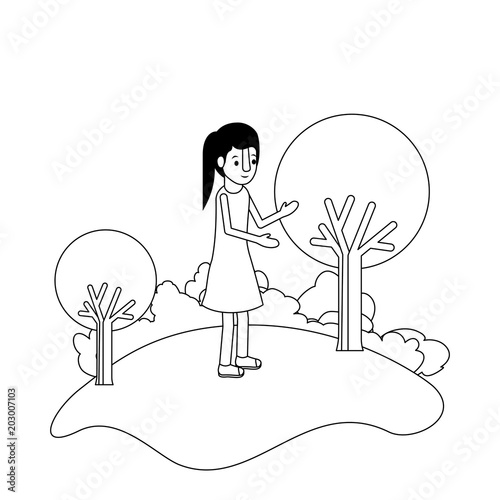 isometric little girl in field landscape character vector illustration design