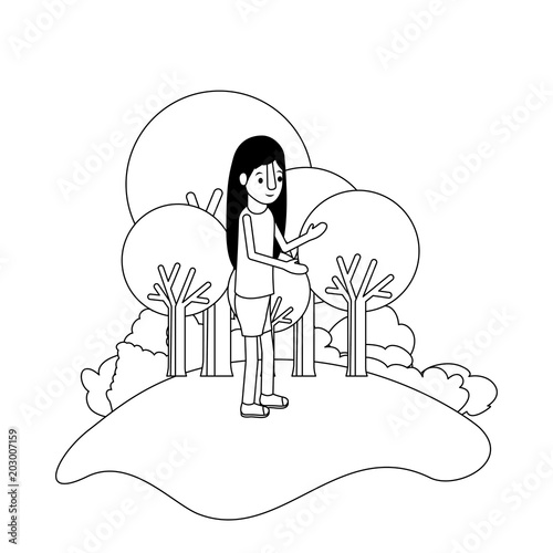 isometric little girl in field landscape character vector illustration design