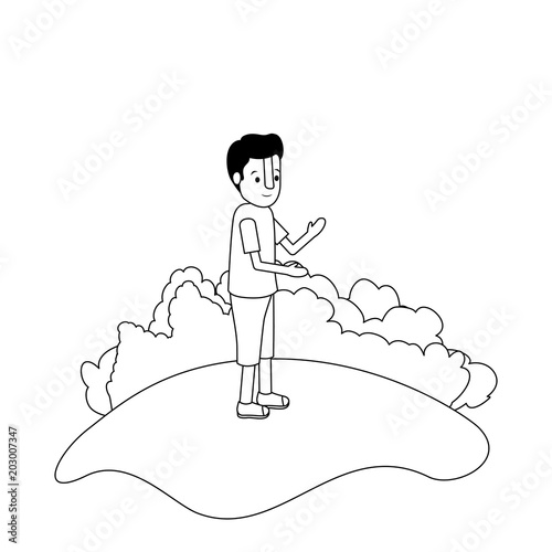 isometric little boy in field landscape character vector illustration design