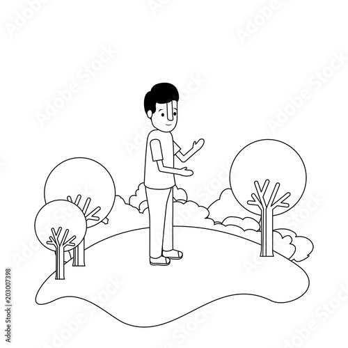 isometric little boy in field landscape character vector illustration design