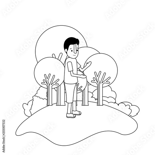 isometric little boy in field landscape character vector illustration design