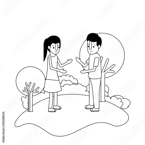 couple isometrics in field landscape avatars characters vector illustration