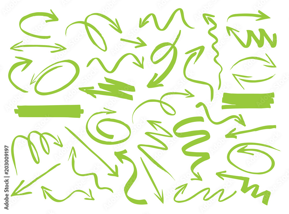 Set of green drawing Arrows. Vector Illustration.