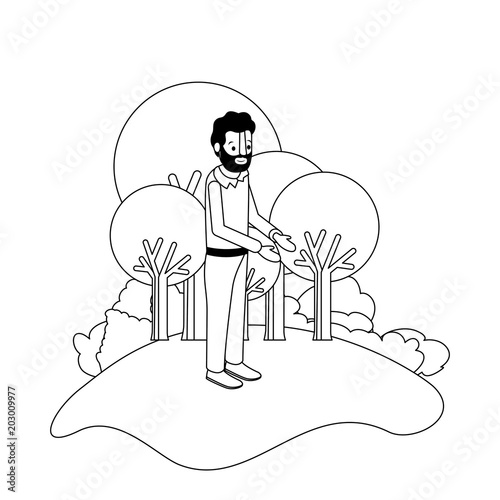isometric man with beard in field landscape avatar character vector illustration