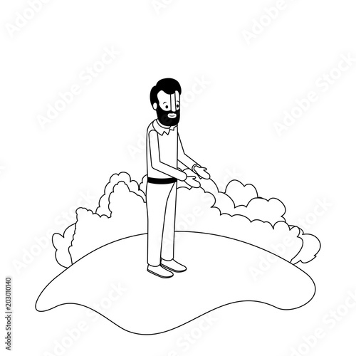 isometric man with beard in field landscape avatar character vector illustration