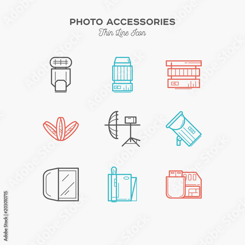 Photo accessories, light, linse and more, thin line color icons set, vector illustration