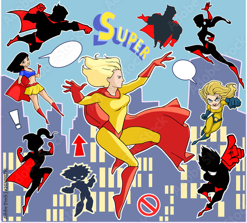 Bright and colorful cartoon set of funny and awesome superheroes stickers in cool  costumes flying above the city 
ready to help and rescue