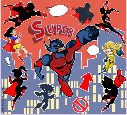 Bright and colorful cartoon set of funny and awesome superheroes stickers in cool  costumes flying above the city 
ready to help and rescue