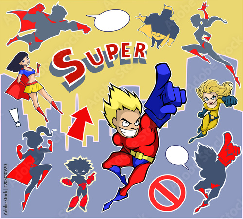 Bright and colorful cartoon set of funny and awesome superheroes stickers in cool  costumes flying above the city 
ready to help and rescue