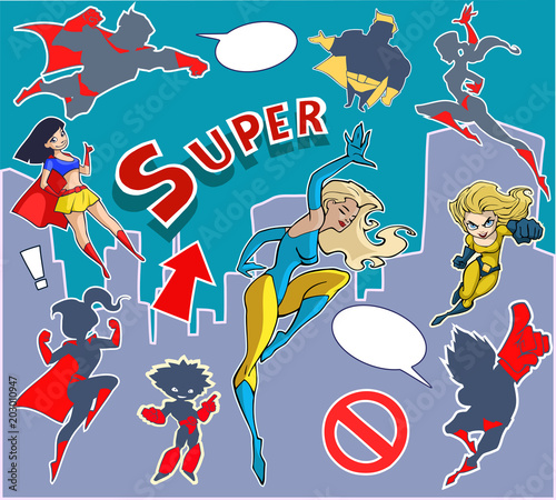 Bright and colorful cartoon set of funny and awesome superheroes stickers in cool  costumes flying above the city 
ready to help and rescue