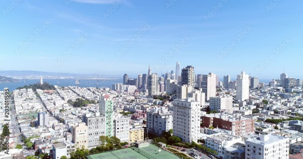 Aerial view of San Francisco city skyline on beautiful sunny day with blue sky Aerial view of San Francisco city skyline on beautiful sunny day with blue sky