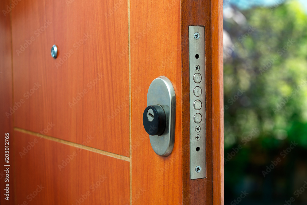 Obraz premium Open door of a family home. Close-up of the lock an armored door. Security.